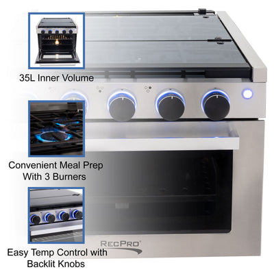 RecPro 21" Tall 3 Burner Propane RV Stove Gas Range without Range Hood, Silver - VMInnovations
