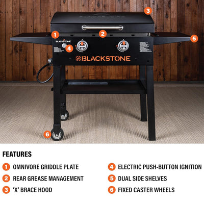 Blackstone 28" Omnivore Griddle w/X Braced Hood Propane Gas Outdoor Stove, Black