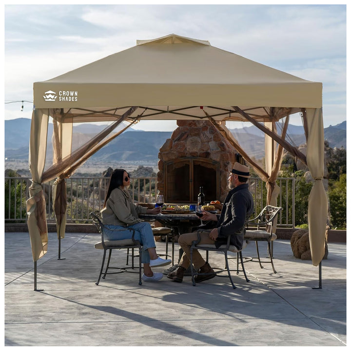 CROWN SHADES Gazebo, 10x10 Canopy Pop Up Screen Tent with Netting, Beige (Used)