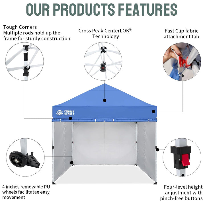 CROWN SHADES 10x10 Pop Up Canopy w/4 Sidewalls, Tent for Events, Blue(Used) - VMInnovations