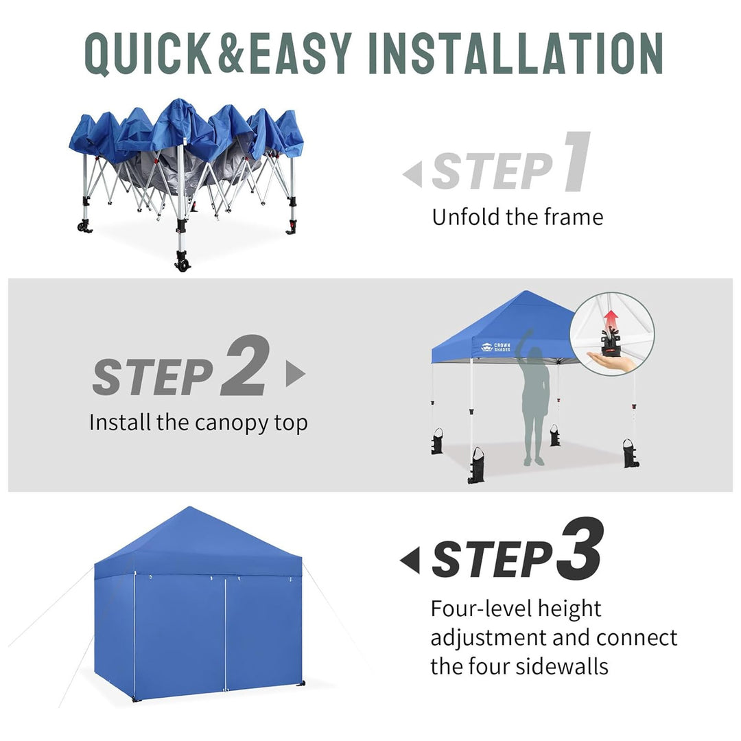 CROWN SHADES 10x10 Pop Up Canopy w/4 Sidewalls, Tent for Events, Blue(Used) - VMInnovations