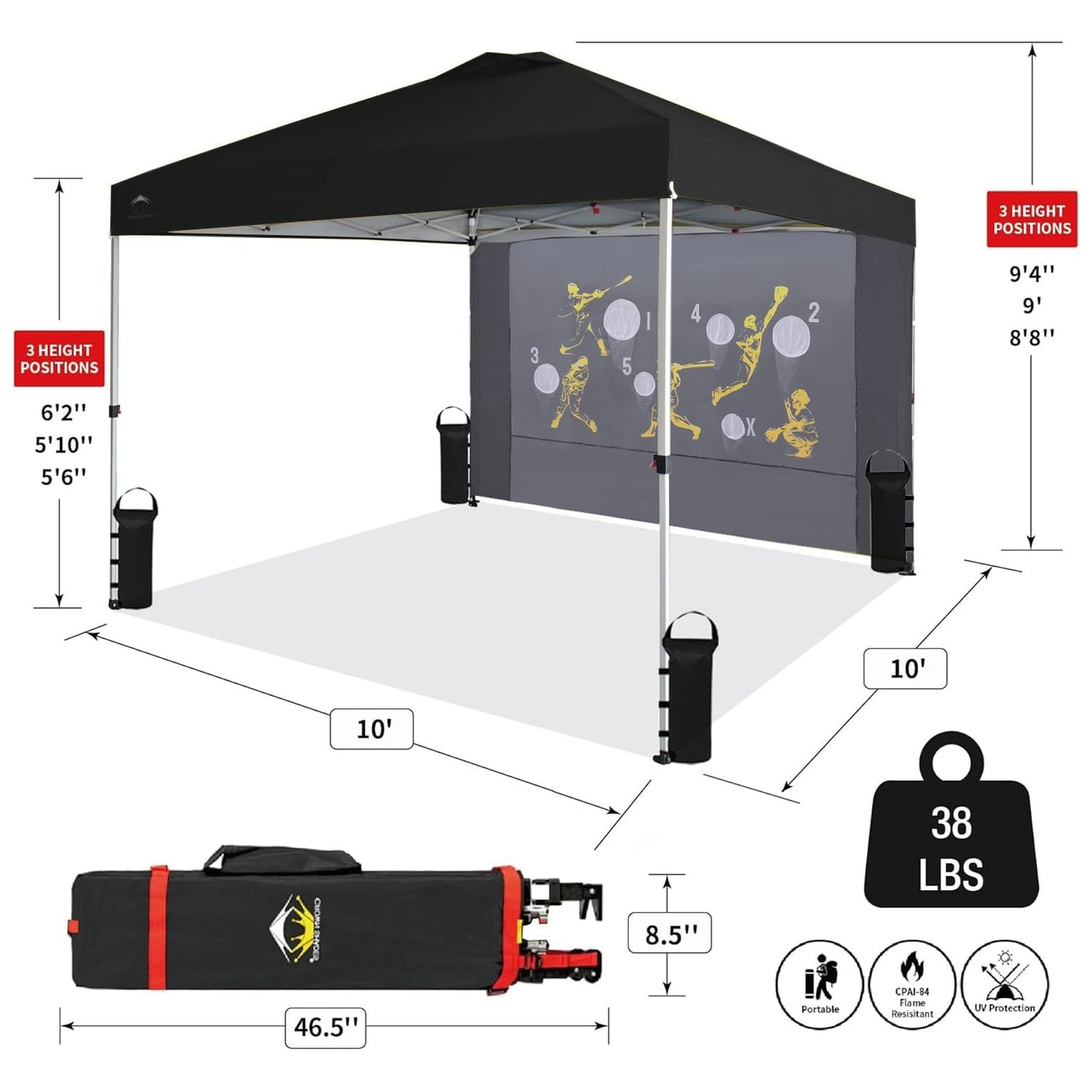 Crown Shades 10x10 Pop Up Canopy, Beach Tent w/Game Wall Netting, Black (Used) - VMInnovations