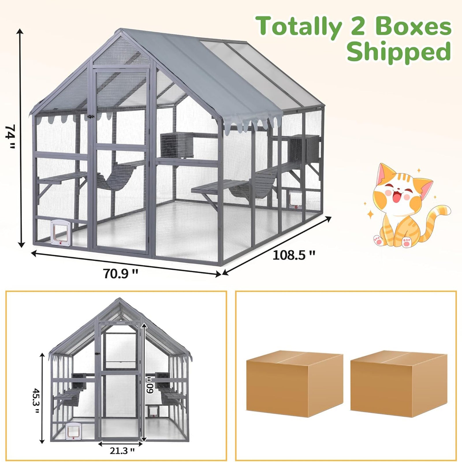 COZIWOW Large Catio Outdoor Cat Enclosure w/Full Cover, Window, 53.5 sq ft, Grey - VMInnovations