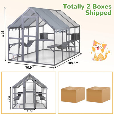 COZIWOW Large Catio Outdoor Cat Enclosure w/Full Cover, Window, 53.5 sq ft, Grey - VMInnovations