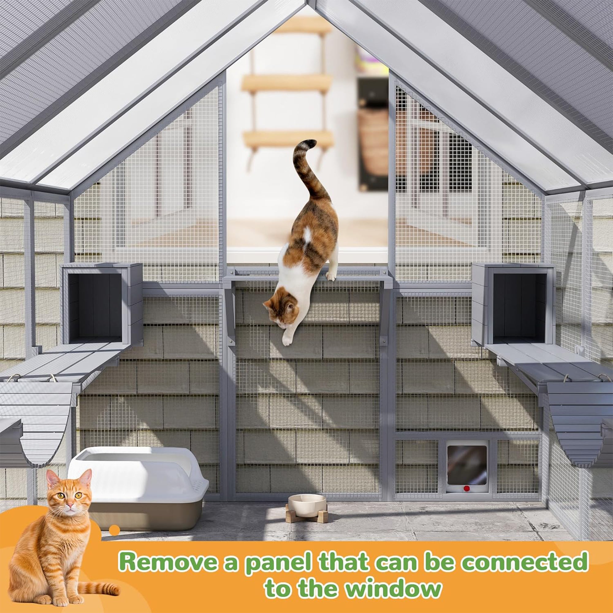 COZIWOW Large Catio Outdoor Cat Enclosure w/Full Cover, Window, 53.5 sq ft, Grey - VMInnovations