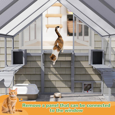COZIWOW Large Catio Outdoor Cat Enclosure w/Full Cover, Window, 53.5 sq ft, Grey - VMInnovations