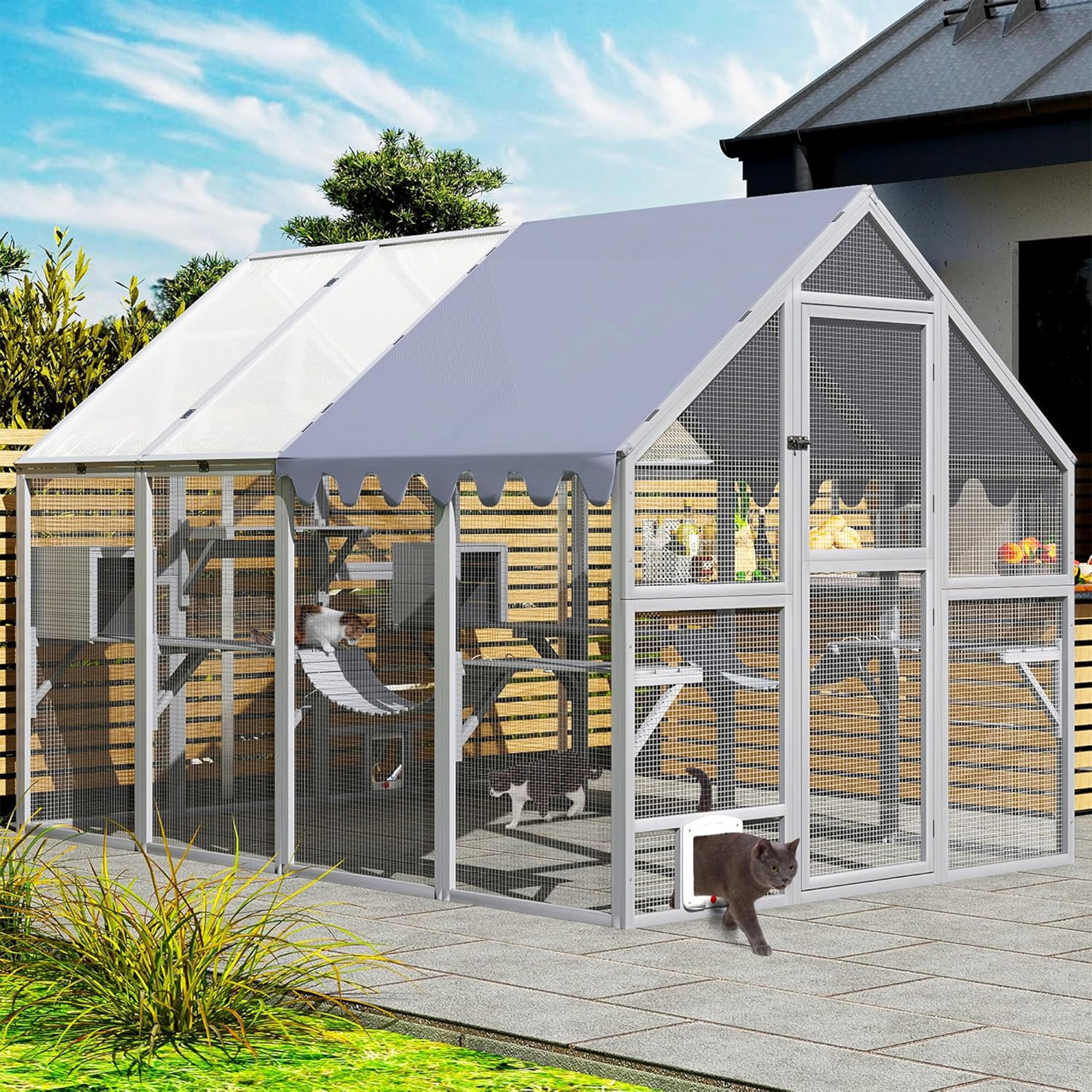 COZIWOW Large Catio Outdoor Cat Enclosure w/Full Cover, Window, 53.5 sq ft, Grey - VMInnovations