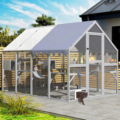 COZIWOW Large Catio Outdoor Cat Enclosure w/Full Cover, Window, 53.5 sq ft, Grey - VMInnovations
