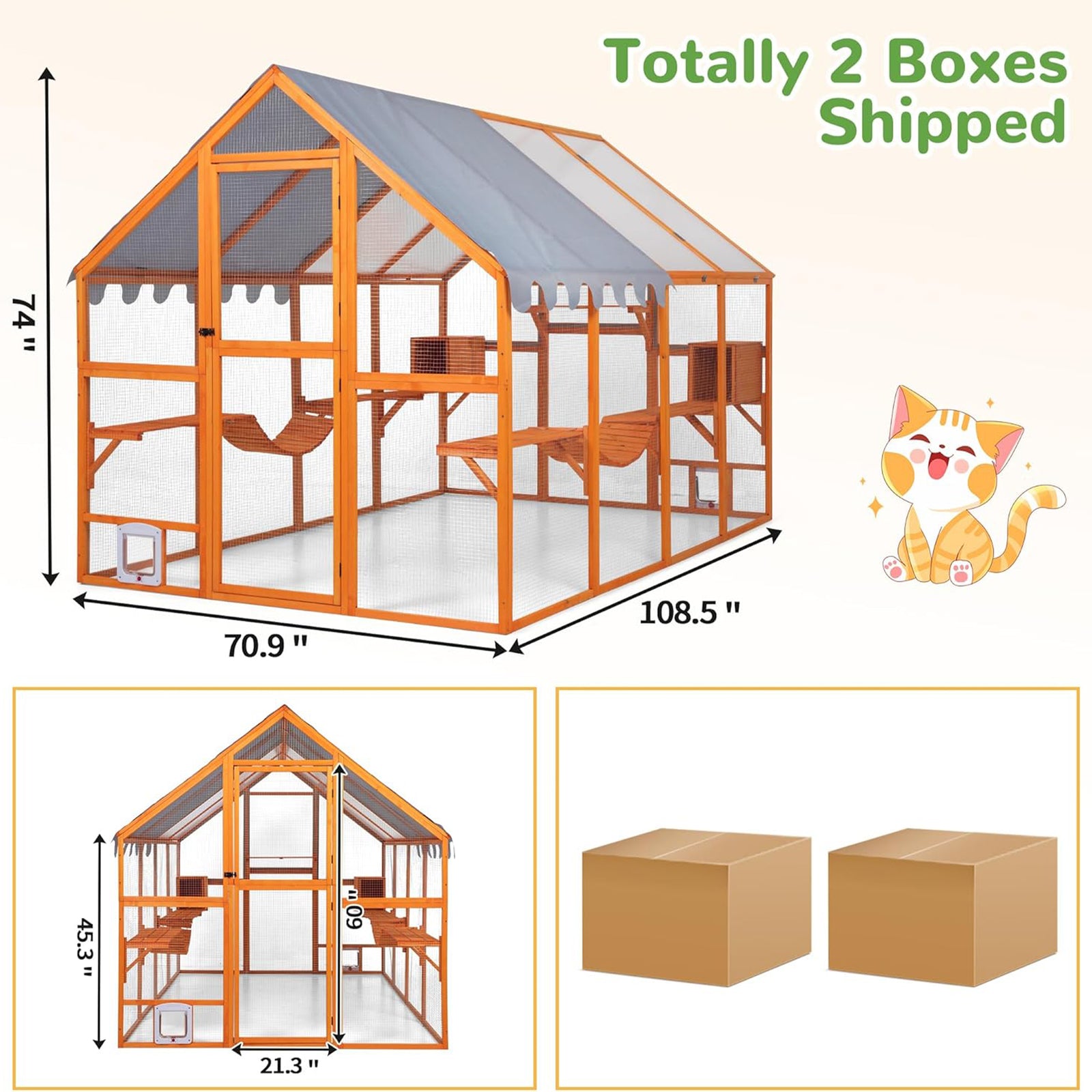 COZIWOW Large Catio Outdoor Cat Enclosure w/Cover, Window, 53.5 sq ft, Orange - VMInnovations