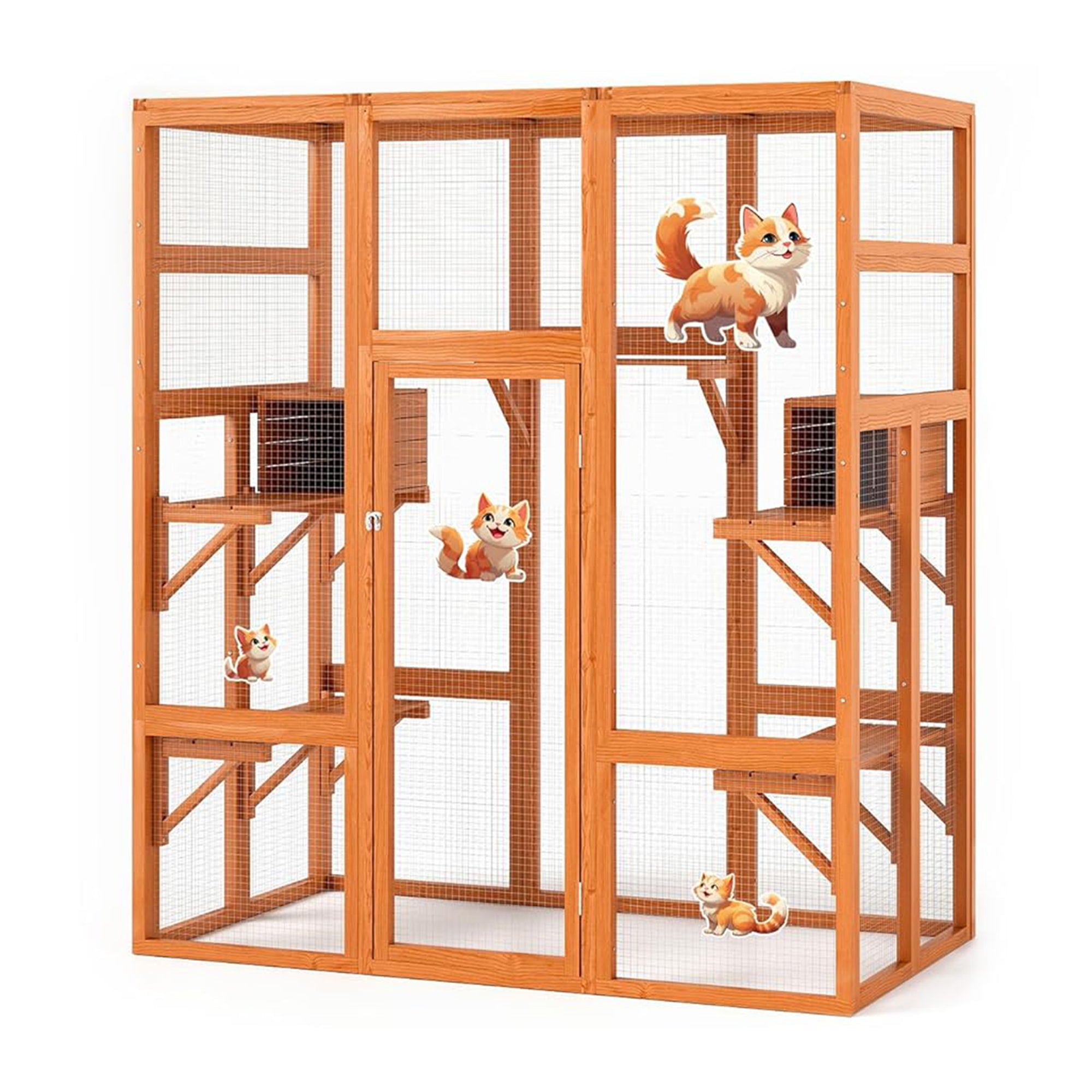 COZIWOW 70" Large Wooden Outdoor Cat House w/ Perches, UV-Resistant Roof, Orange - VMInnovations