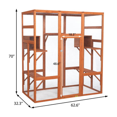 COZIWOW 70" Large Wooden Outdoor Cat House w/ Perches, UV-Resistant Roof, Orange - VMInnovations
