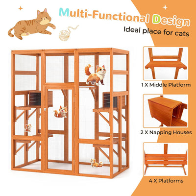 COZIWOW 70" Large Wooden Outdoor Cat House w/ Perches, UV-Resistant Roof, Orange - VMInnovations