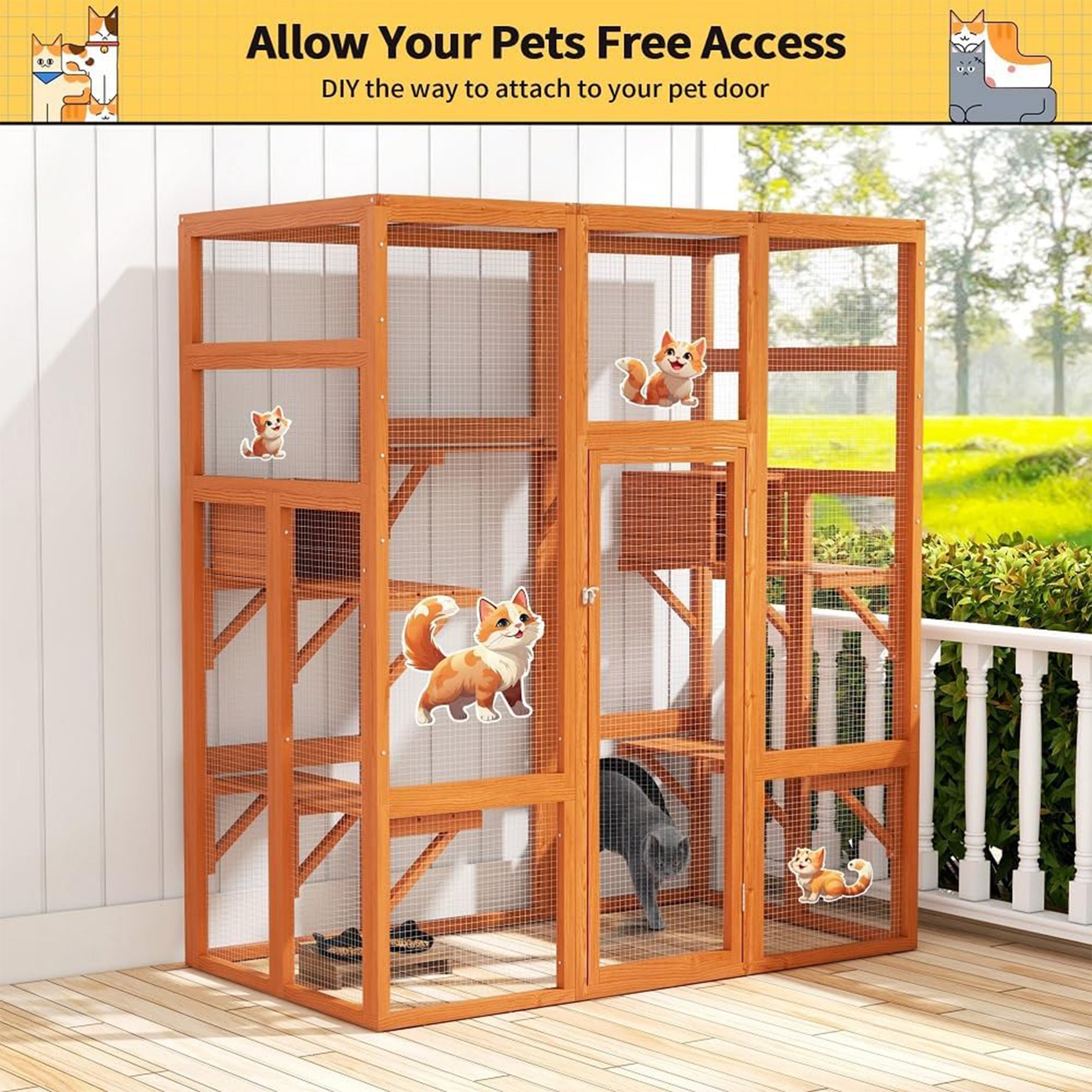 COZIWOW 70" Large Wooden Outdoor Cat House w/ Perches, UV-Resistant Roof, Orange - VMInnovations