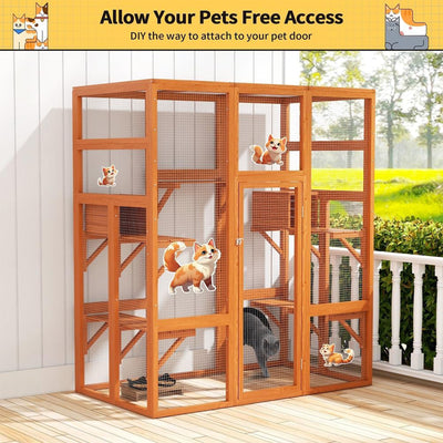 COZIWOW 70" Large Wooden Outdoor Cat House w/ Perches, UV-Resistant Roof, Orange - VMInnovations