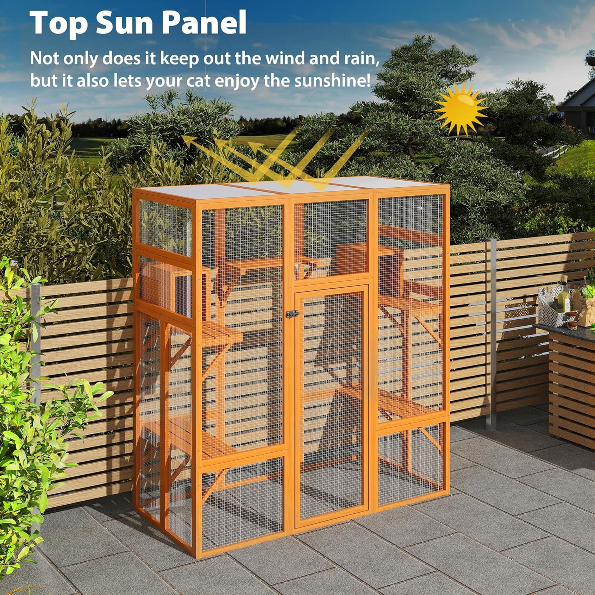 COZIWOW 70" Large Wooden Outdoor Cat House w/ Perches, UV-Resistant Roof, Orange - VMInnovations
