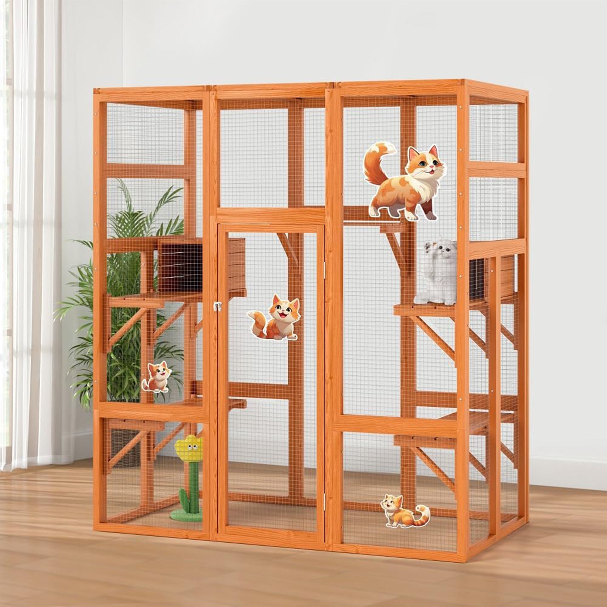 COZIWOW 70" Large Wooden Outdoor Cat House w/ Perches, UV-Resistant Roof, Orange - VMInnovations