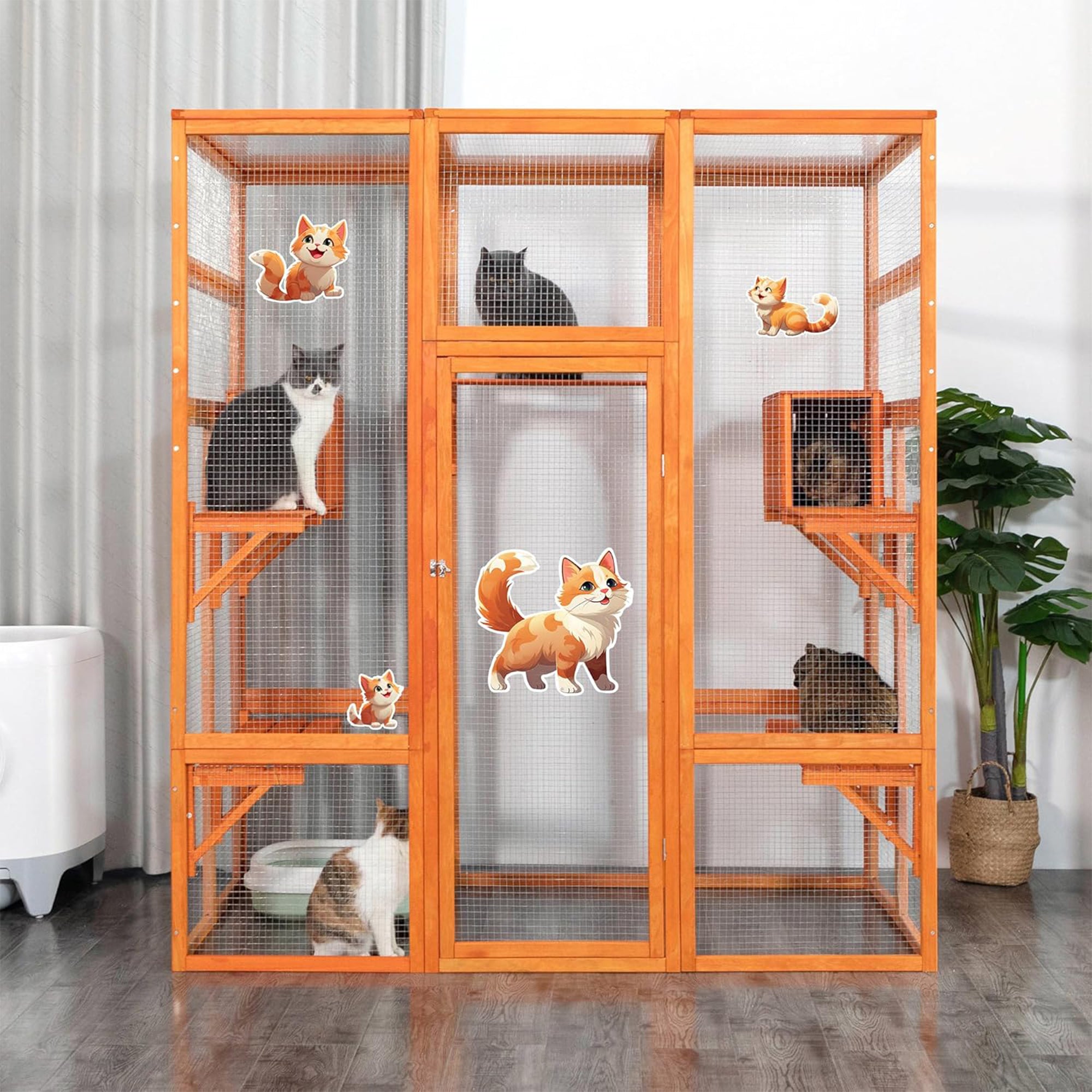 COZIWOW 70" Large Wooden Outdoor Cat House w/ Perches, UV-Resistant Roof, Orange - VMInnovations