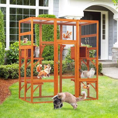 COZIWOW 70" Large Wooden Outdoor Cat House w/ Perches, UV-Resistant Roof, Orange - VMInnovations