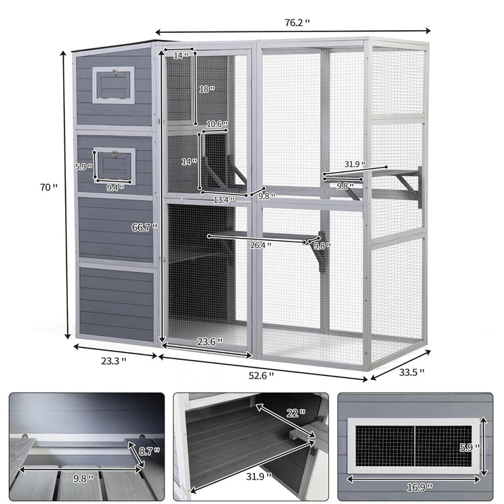 COZIWOW Large Outdoor Cat Catio, 4-Tier Enclosure with 2 Resting Rooms, Grey