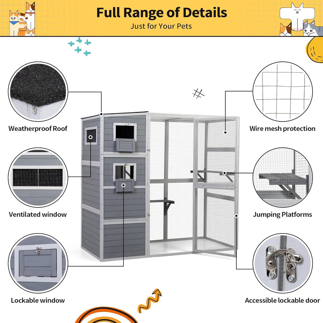 COZIWOW Large Outdoor Cat Catio, 4-Tier Enclosure with 2 Resting Rooms, Grey