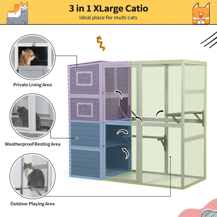 COZIWOW Large Outdoor Cat Catio, 4-Tier Enclosure with 2 Resting Rooms, Grey