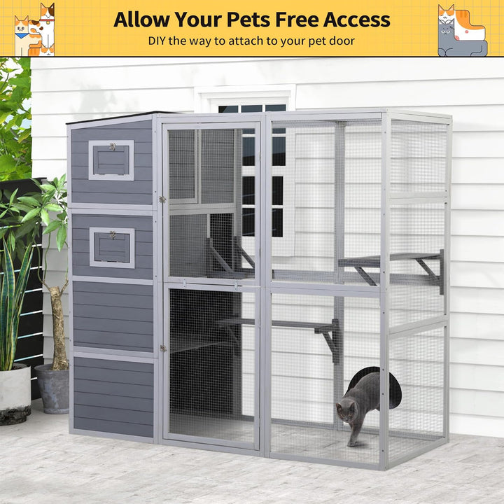 COZIWOW Large Outdoor Cat Catio, 4-Tier Enclosure with 2 Resting Rooms, Grey