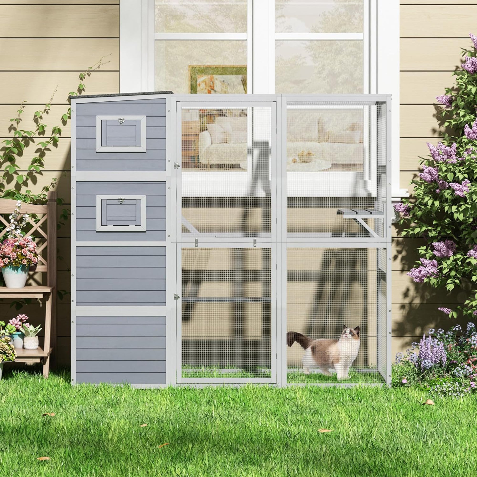 COZIWOW Outdoor Cat Catio, 4-Tier Enclosure with 2 Resting Rooms, Grey (Used)