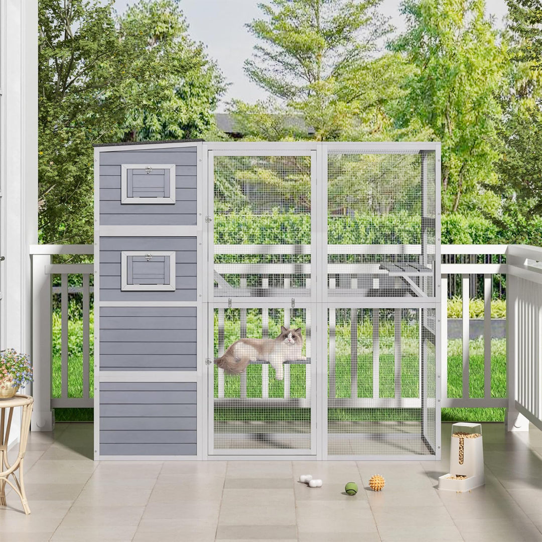 COZIWOW Large Outdoor Cat Catio, 4-Tier Enclosure with 2 Resting Rooms, Grey