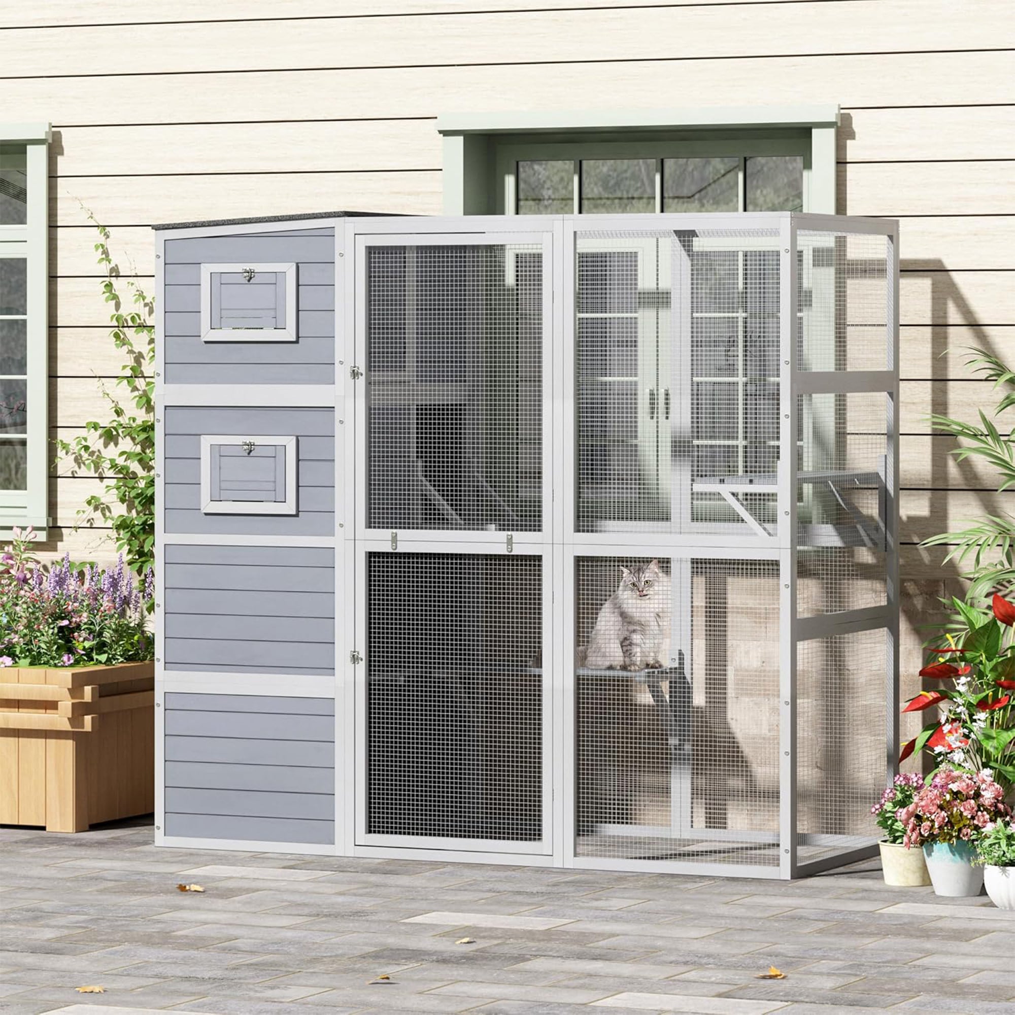 COZIWOW Outdoor Cat Catio, 4-Tier Enclosure with 2 Resting Rooms, Grey (Used)