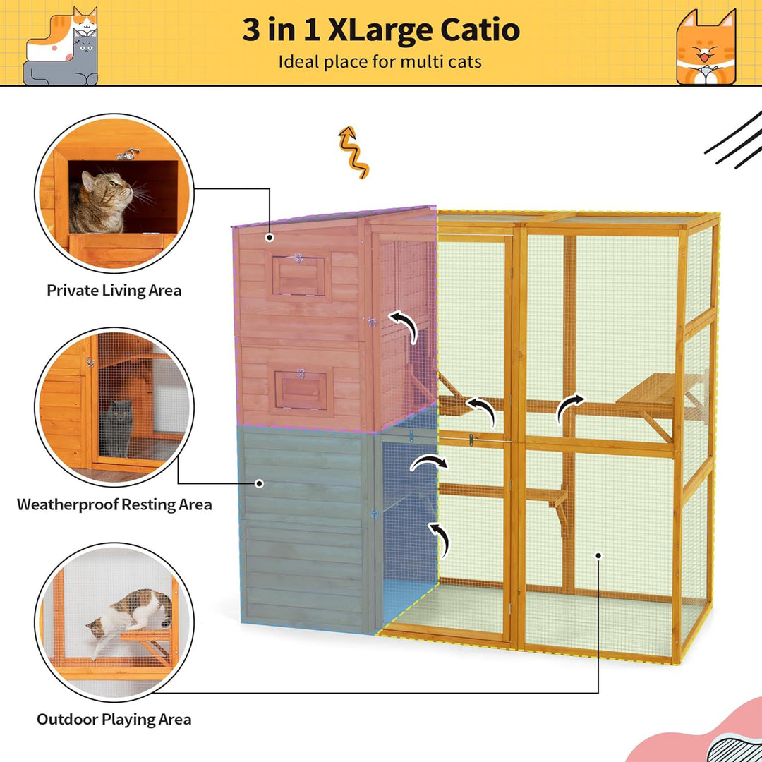 COZIWOW Large Outdoor Cat Catio, 4-Tier Enclosure with 2 Resting Rooms, Orange