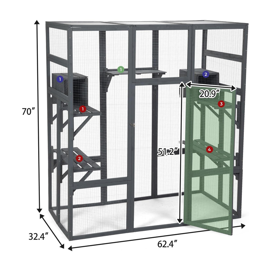 COZIWOW 70" Large Wooden Outdoor Cat House with Perches, UV-Resistant Roof, Grey
