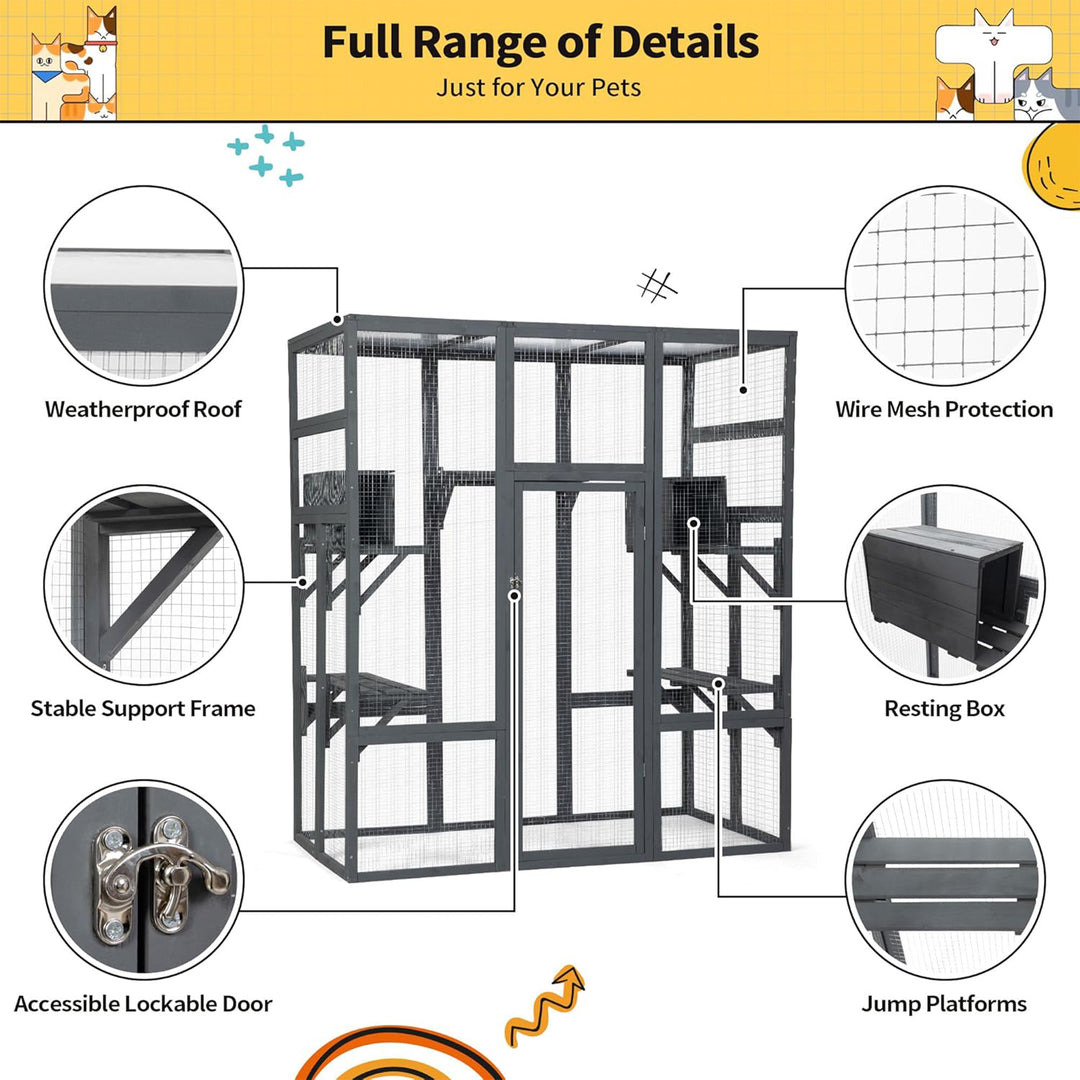 COZIWOW 70" Large Wooden Outdoor Cat House with Perches, UV-Resistant Roof, Grey