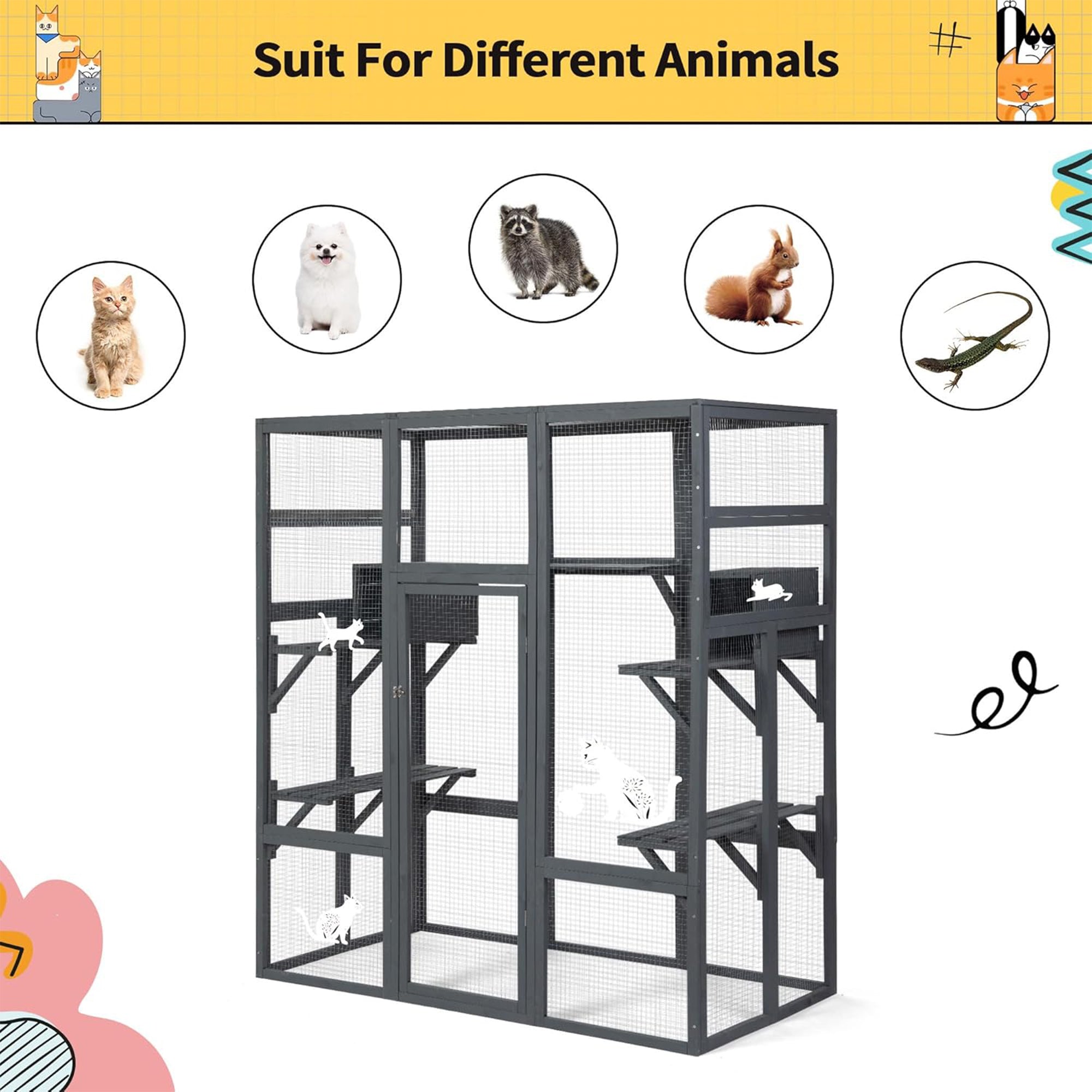 COZIWOW 70" Large Wooden Outdoor Cat House with Perches, UV-Resistant Roof, Grey - VMInnovations