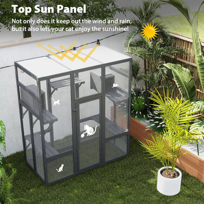 COZIWOW 70" Large Wooden Outdoor Cat House with Perches, UV-Resistant Roof, Grey - VMInnovations