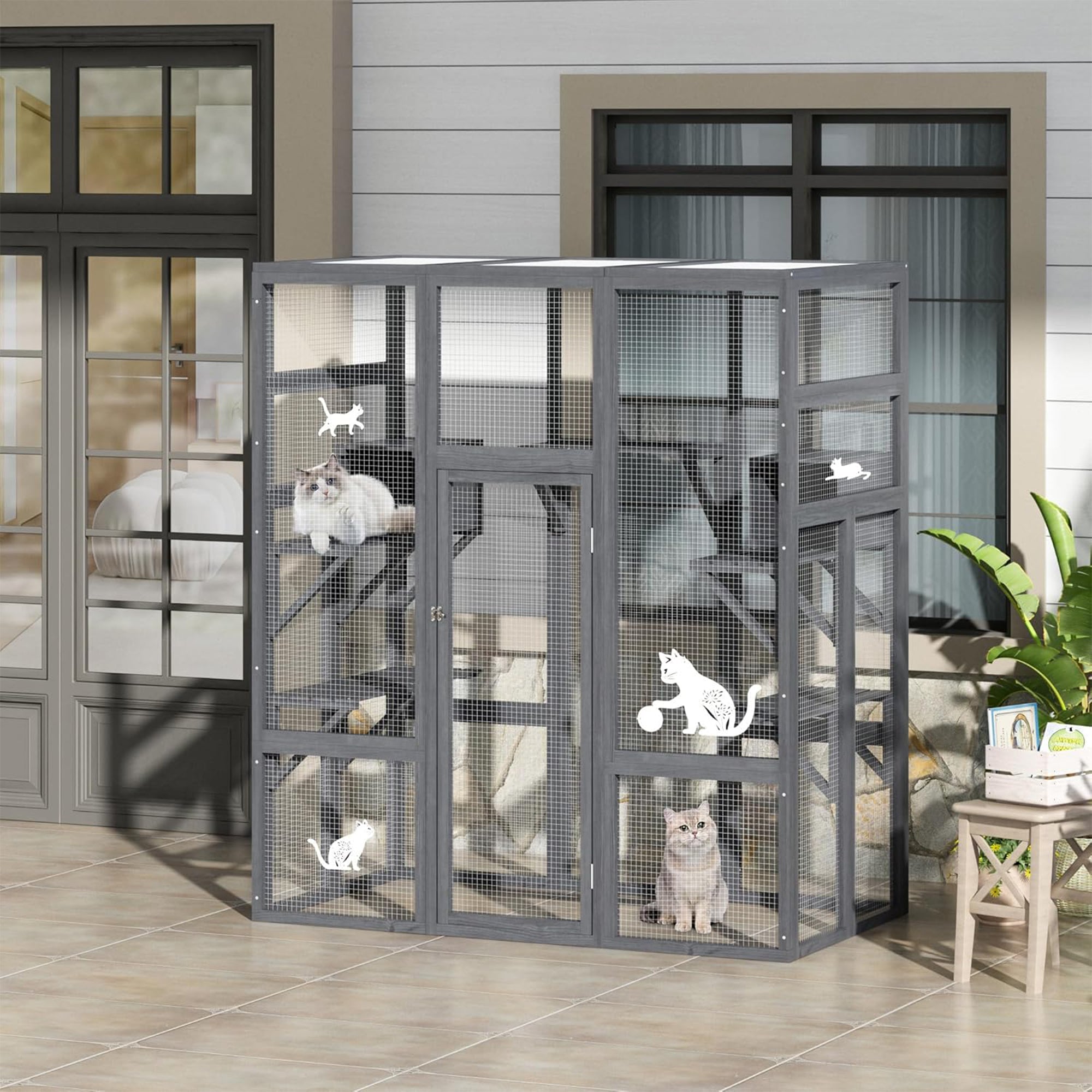 COZIWOW 70" Large Wooden Outdoor Cat House with Perches, UV-Resistant Roof, Grey - VMInnovations