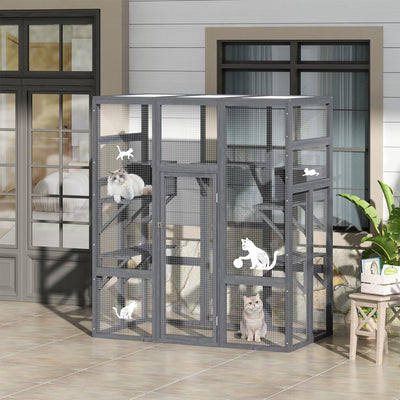 COZIWOW 70" Large Wooden Outdoor Cat House with Perches, UV-Resistant Roof, Grey - VMInnovations