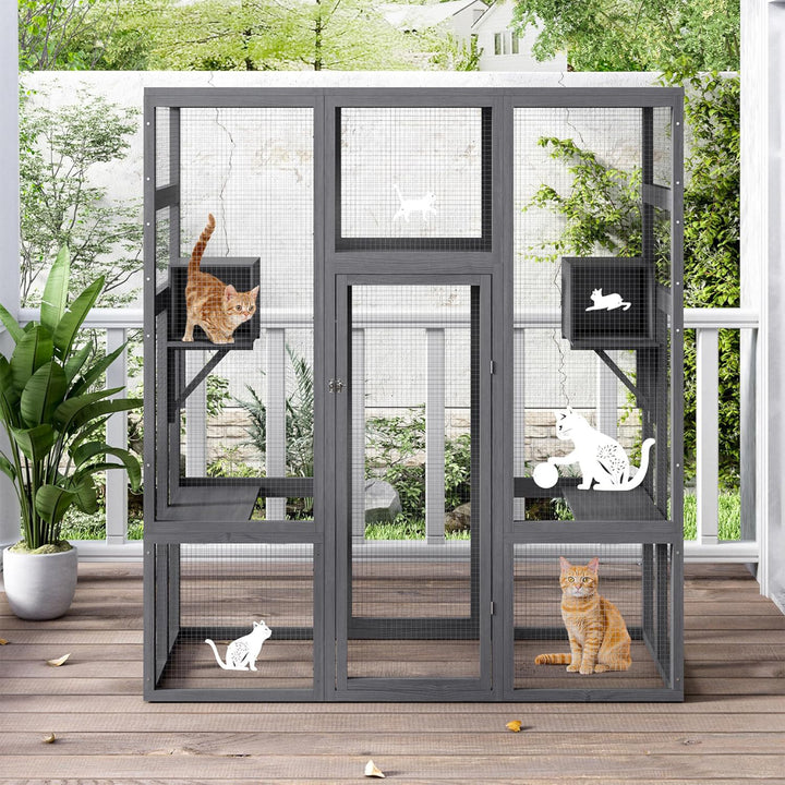 COZIWOW 70" Large Wooden Outdoor Cat House with Perches, UV-Resistant Roof, Grey