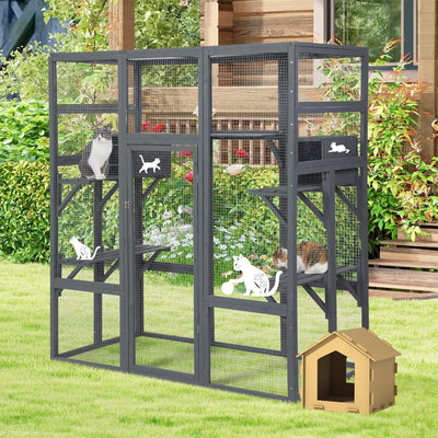 COZIWOW 70" Large Wooden Outdoor Cat House with Perches, UV-Resistant Roof, Grey - VMInnovations