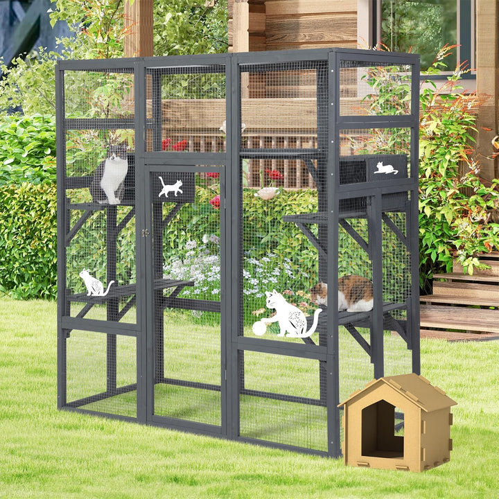 COZIWOW 70" Large Wooden Outdoor Cat House with Perches, UV-Resistant Roof, Grey