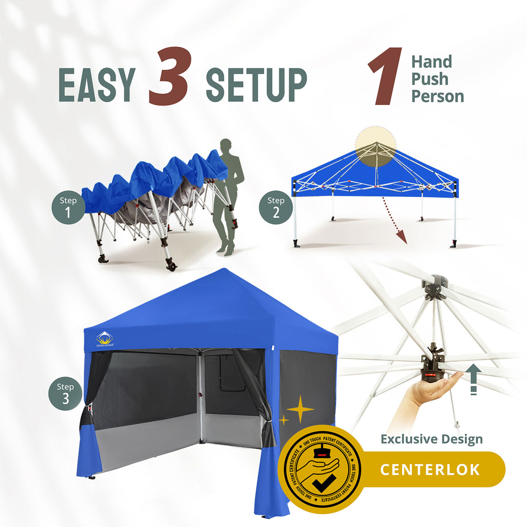 Crown Shades 10x10' Instant Canopy Commercial Shelter with 4 Nets, Blue (Used) - VMInnovations