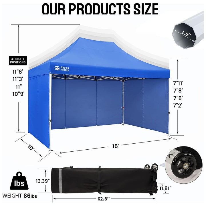 CROWN SHADES 10x15 Pop Up Canopy w/4 Sidewalls, Tent for Events, Blue(Used)