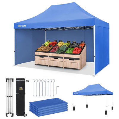 CROWN SHADES 10x15 Pop Up Canopy w/4 Sidewalls, Tent for Events, Blue(Used) - VMInnovations