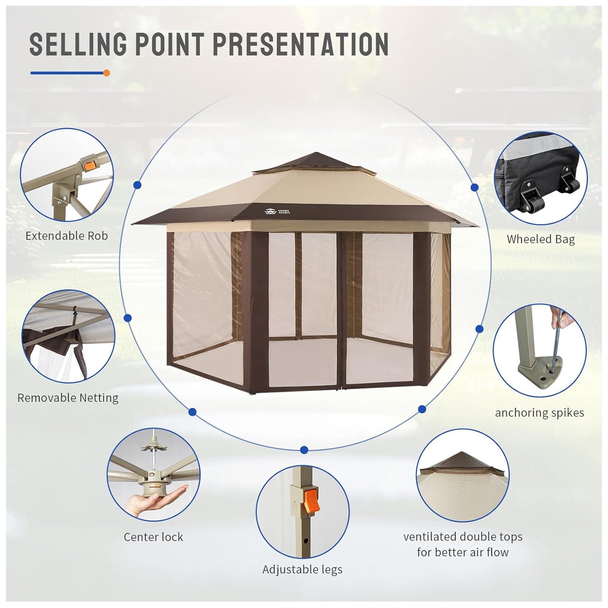 CROWN SHADES 13x13 Pop Up Gazebo, Canopy Tent for Events, Beige/Coffee (Used) - VMInnovations