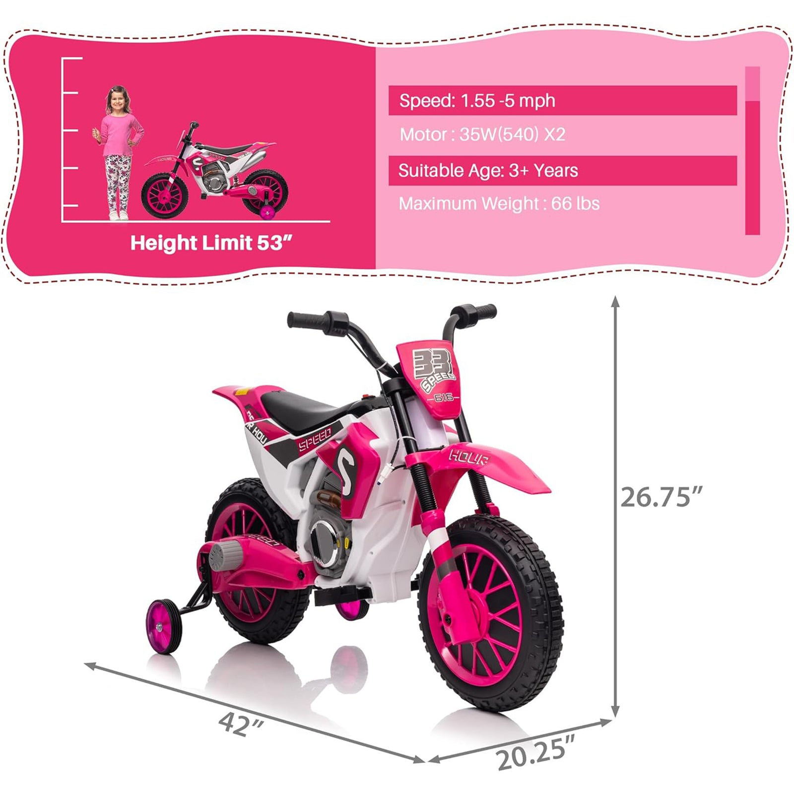 TOBBI 12 Volt Toddler Motorcycle Kids Dirt Bike with Training Wheels, Rose Pink - VMInnovations