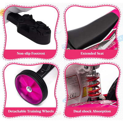 TOBBI 12 Volt Toddler Motorcycle Kids Dirt Bike with Training Wheels, Rose Pink - VMInnovations