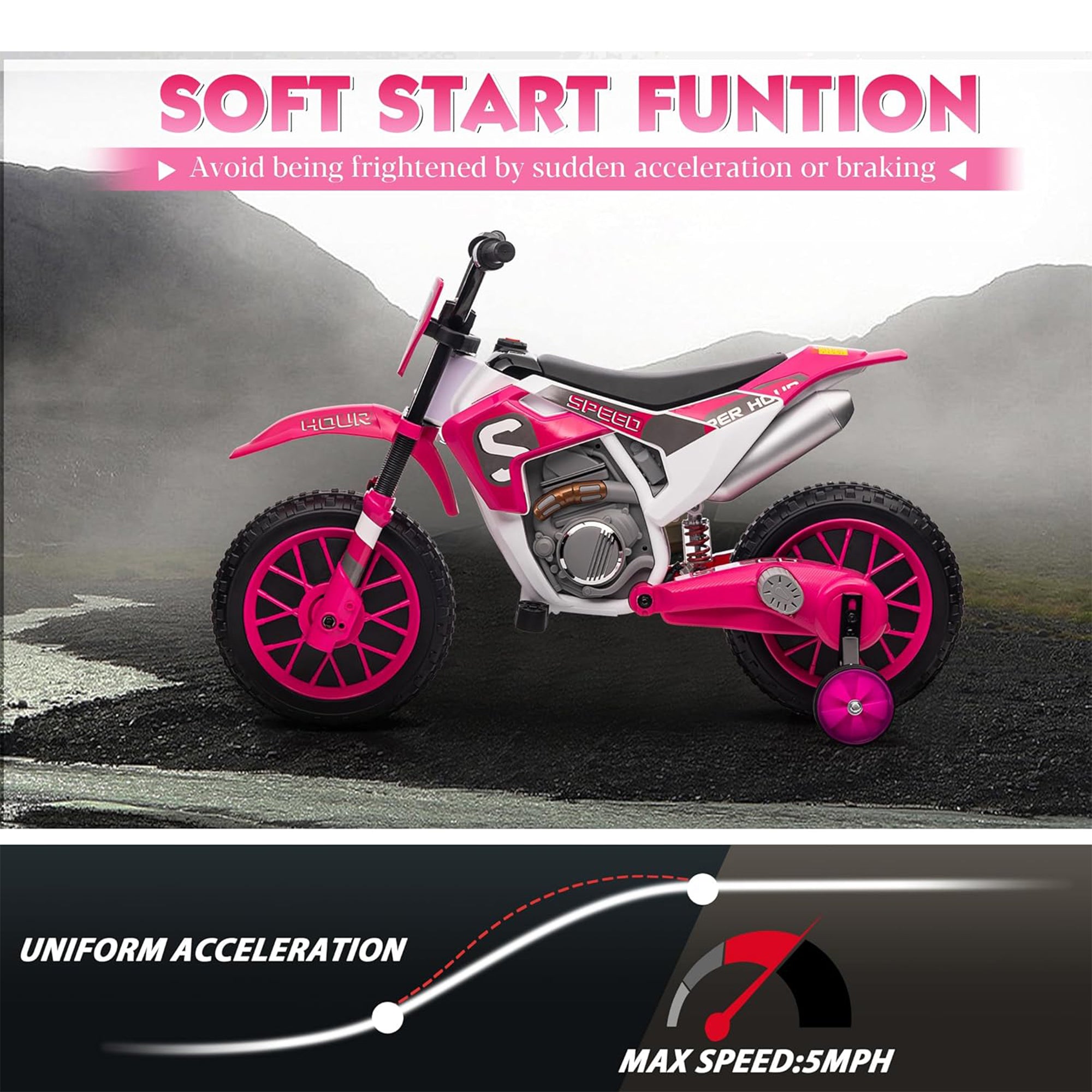TOBBI 12 Volt Toddler Motorcycle Kids Dirt Bike with Training Wheels, Rose Pink - VMInnovations