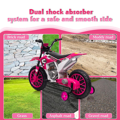 TOBBI 12 Volt Toddler Motorcycle Kids Dirt Bike with Training Wheels, Rose Pink - VMInnovations