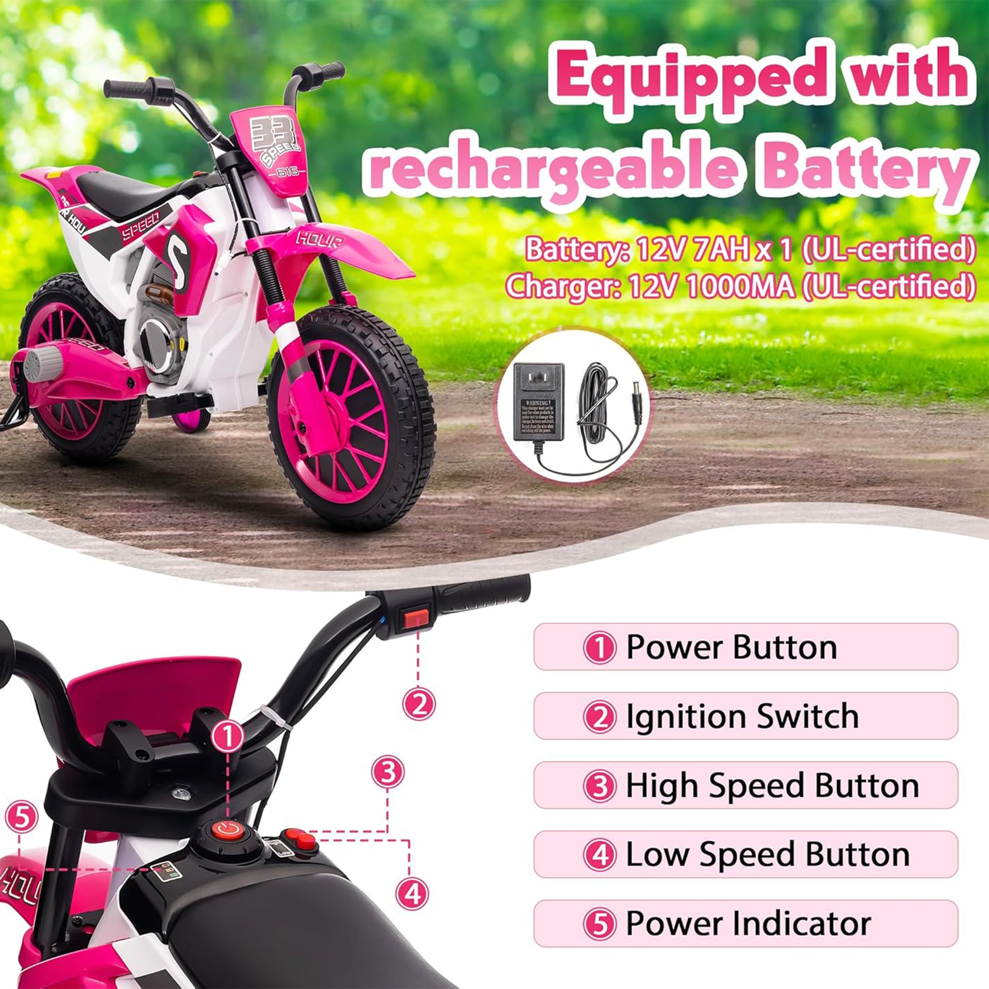 TOBBI 12 Volt Toddler Motorcycle Kids Dirt Bike with Training Wheels, Rose Pink - VMInnovations