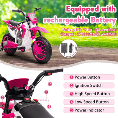 TOBBI 12 Volt Toddler Motorcycle Kids Dirt Bike with Training Wheels, Rose Pink - VMInnovations