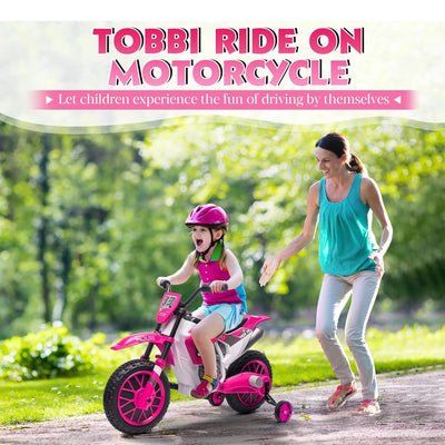 TOBBI 12 Volt Toddler Motorcycle Kids Dirt Bike with Training Wheels, Rose Pink - VMInnovations